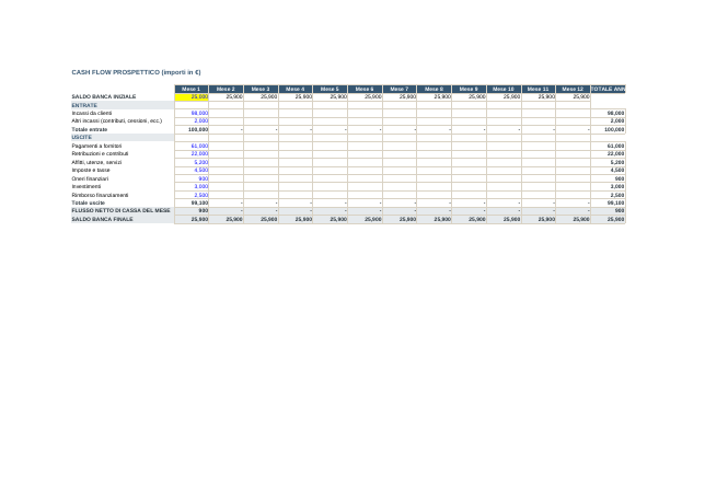 Anteprima del modello Excel di cash flow