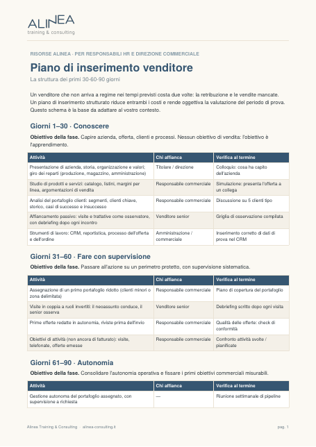 Anteprima del piano di inserimento 30-60-90
